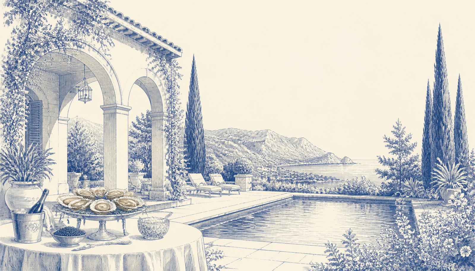 Allestimento di un servizio di ostriche e caviale sulla terrazza di una villa privata a Maiorca